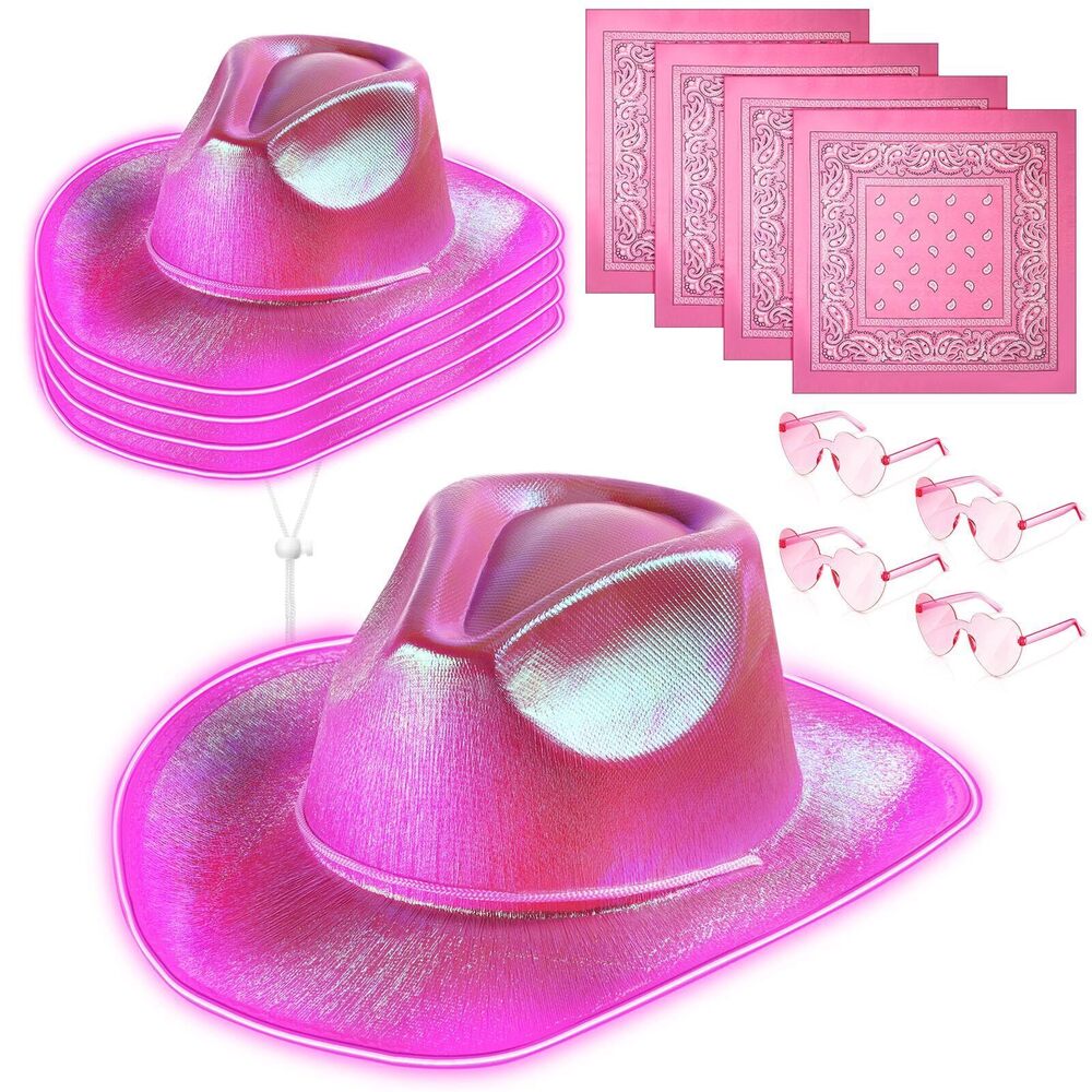 1348 4 Set Light Up LED Cowboy Cowgirl Hat with 4 Bandanna 4 Heart